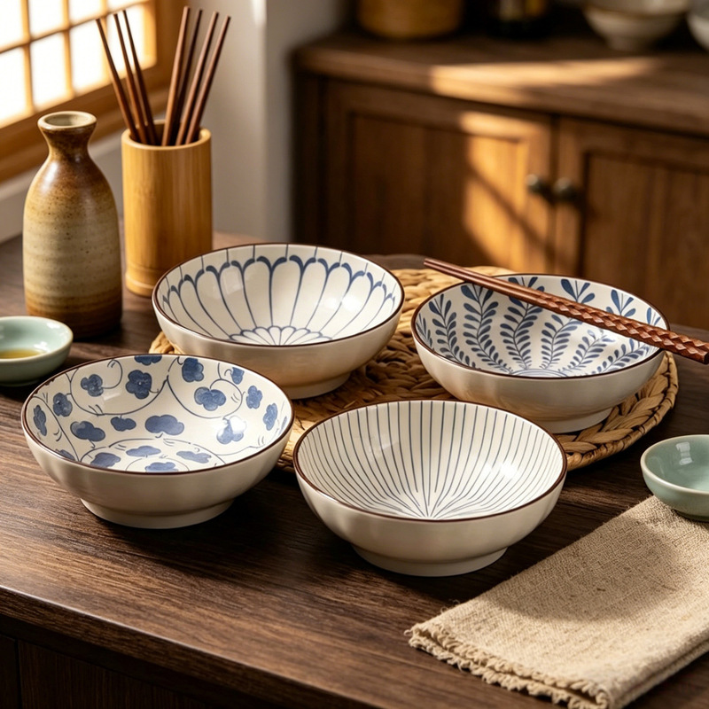 2026 New Style Japanese-Style Ceramic Rice Bowl, Noodle Bowl, Underglaze Color Household Soup Bowl, High Aesthetic Bowlware, Single Bowl, Ramen Bowl