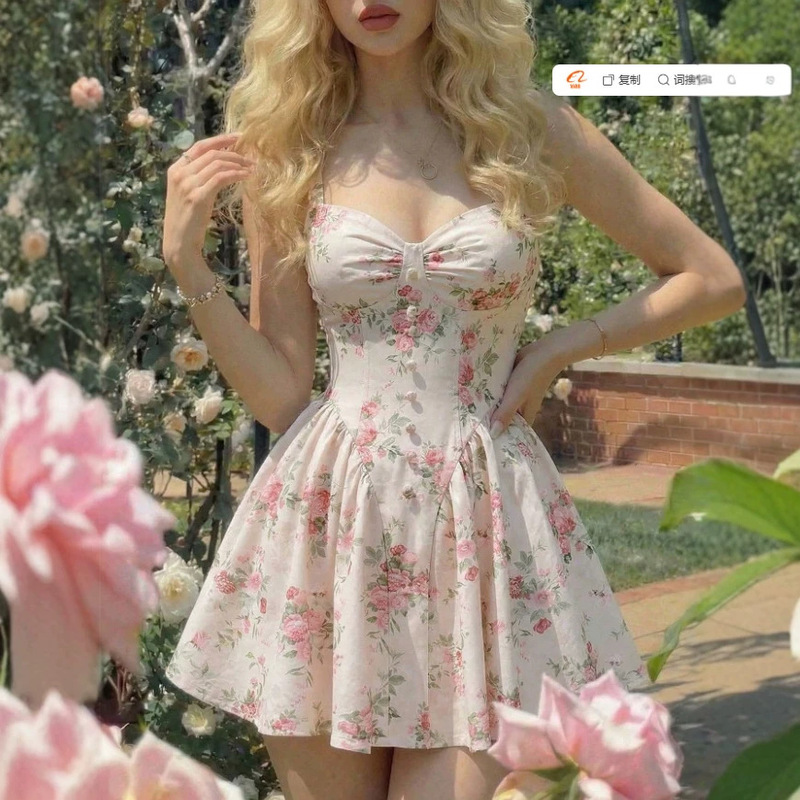 2026 Summer New Style Pink Floral Suspender Mini Dress Retro Buttoned Waist Party Dress 2026 Summer New Style Pink Floral Suspender Mini Dress Retro Buttoned Waist Party Dress
