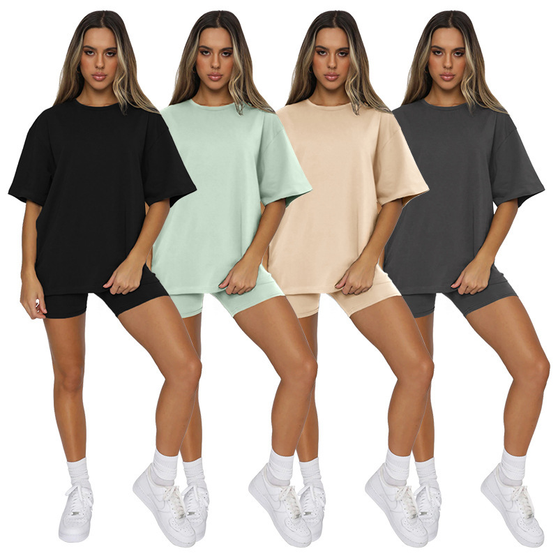 Cross-Border European and American Summer Solid Color Short-Sleeved Round Neck Pullover Top Urban Casual Shorts Fashion Suit Women's New Product