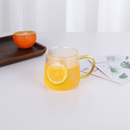 Wholesale High Borosilicate Glass Hammered Pattern Empress Cup with Handle for Tea, Juice, Milk, Morning Glass Tea Cup