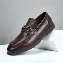 头层牛皮尖头皮鞋真皮一脚蹬英伦风商务休闲乐福鞋男潮流金属扣