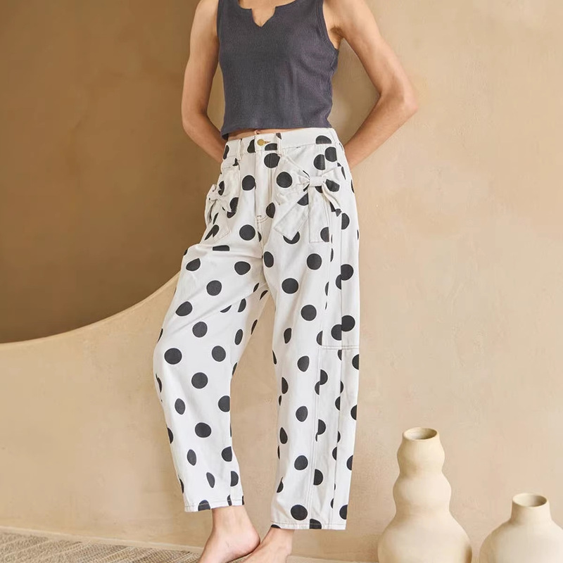 European and American Fashion Playful Polka Dot Print Jeans for Women 2026 Spring New Style Bow Tie Long Pants for Women