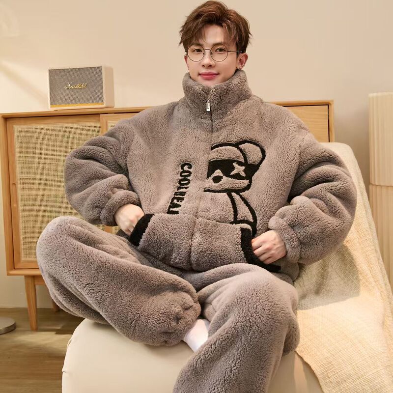 2026 new coral fleece pajamas for men, autumn and winter, fleece-lined and thickened, winter loungewear set for teenagers and young men