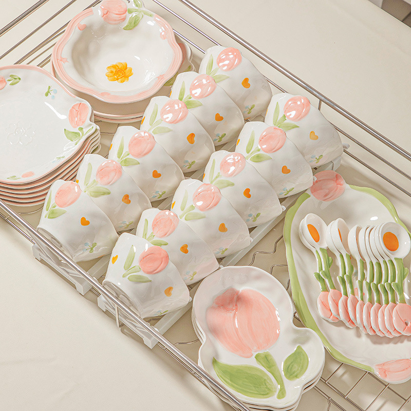 2025 Bowl and Dish Set Household High-Value Tableware Set Underglaze Color Cute Cream Style Ceramic Bowls, Plates and Chopsticks Gifts