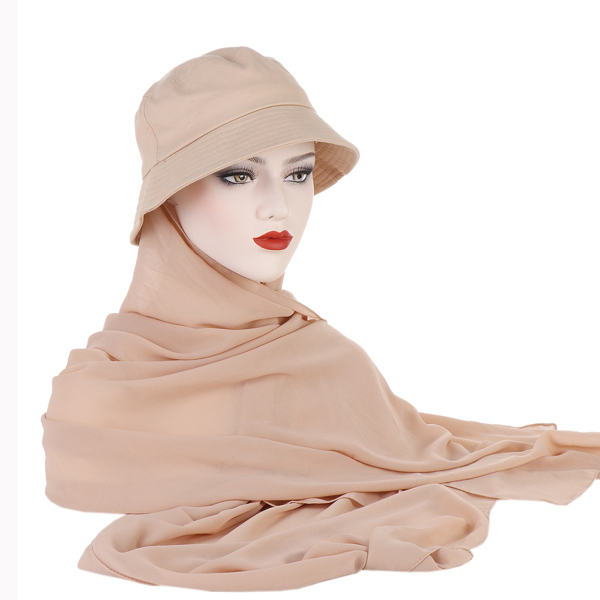 solid color chiffon plus fisherman hat long scarf pearl chiffon all-in-one scarf 2-piece set for drop shipping_voghion.com