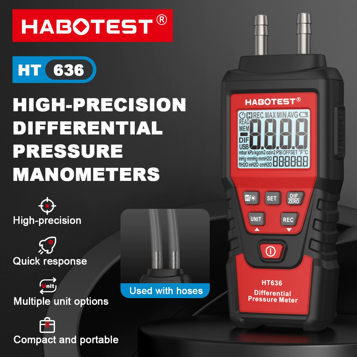 HABOTEST/Huabo HT636 измеритель перепада давления цифровой манометр цифровой дисплей измеритель перепада давления отрицательного давления микродетектор давления