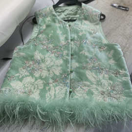 真丝丝绒夹棉马甲新中式2025秋冬南油国风烧花鸵鸟毛气质工厂直销