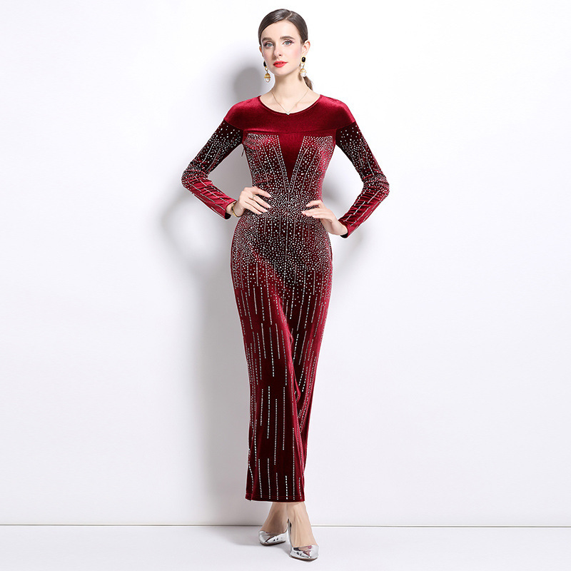 New European and American-style Velvet Heavy Industry Hot Drilling Design Sense Long Sleeve Slim-fit Long Dress dress New European and American-style Velvet Heavy Industry Hot Drilling Design Sense Long Sleeve Slim-fit Long Dress dress