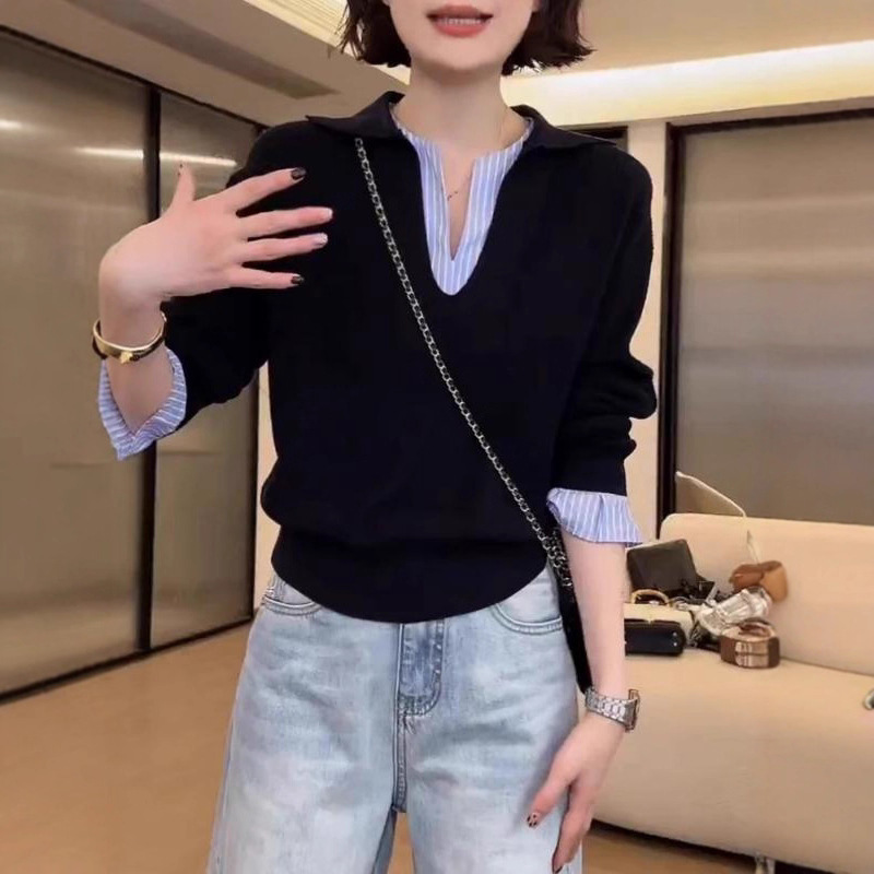 假两件撞色拼接条纹针织衫女大码早秋新款设计感宽松V领长袖上衣|undefined