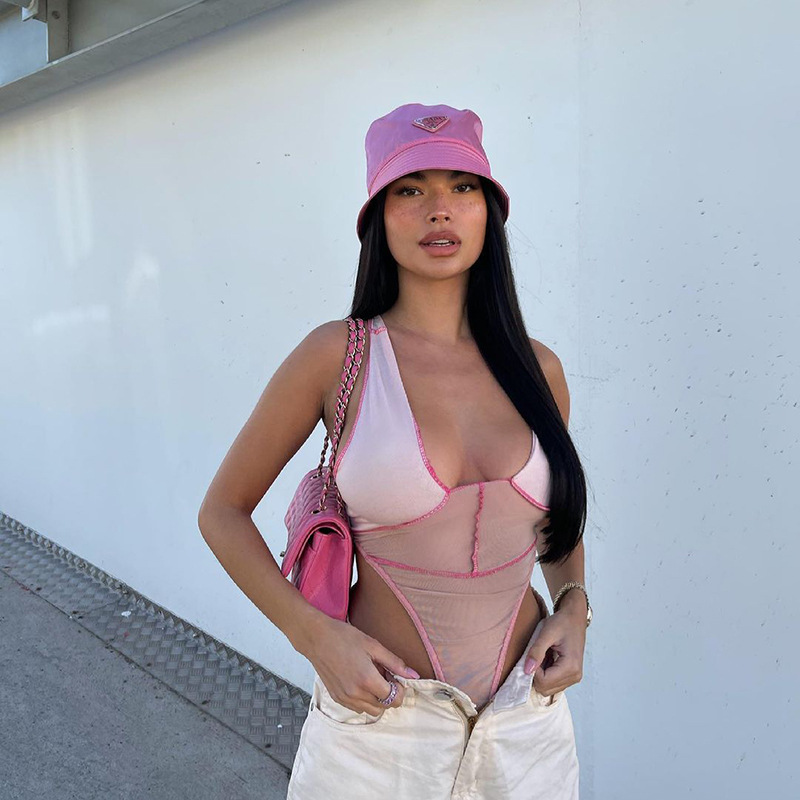 欧美女装2021春季INS新款性感挂脖网纱拼接V领反穿连体衣时尚