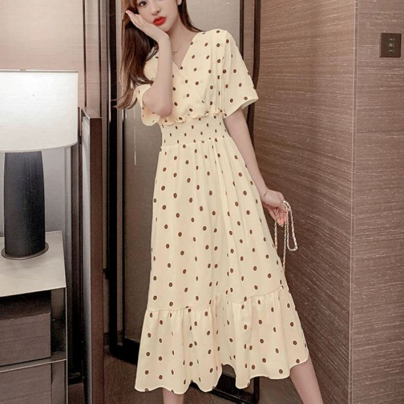 Новинка 2021 года, летнее платье средней длины во французском стиле «Первая любовь», нежное стильное длинное платье с шифоновой талией и цветочным принтом для женщин