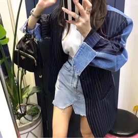 韩国东大门秋季新品宽松时髦帅气条纹西装拼接蓝色牛仔外套女