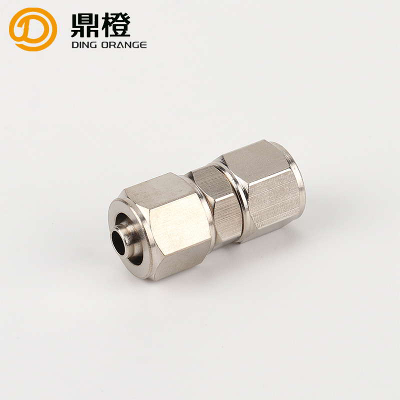 厂家 黄铜镀镍双头卡套直通 铜管卡箍接头 PU8直通卡套接头