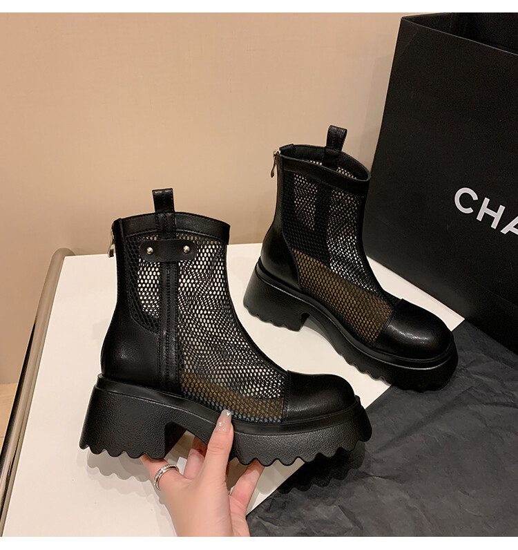 Boot nữ cổ cao đế dày gót bánh xốp da bò lưới thoáng khí xuân hè 2024 — Màu đen, Màu trắng be chi tiết 35