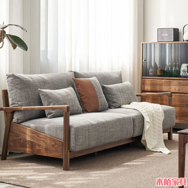 Solid Wood Sofa Black Walnut Nordic Fabric Small Apartment Sofa Living Room Furniture Simple Modern Sofa Large Combination