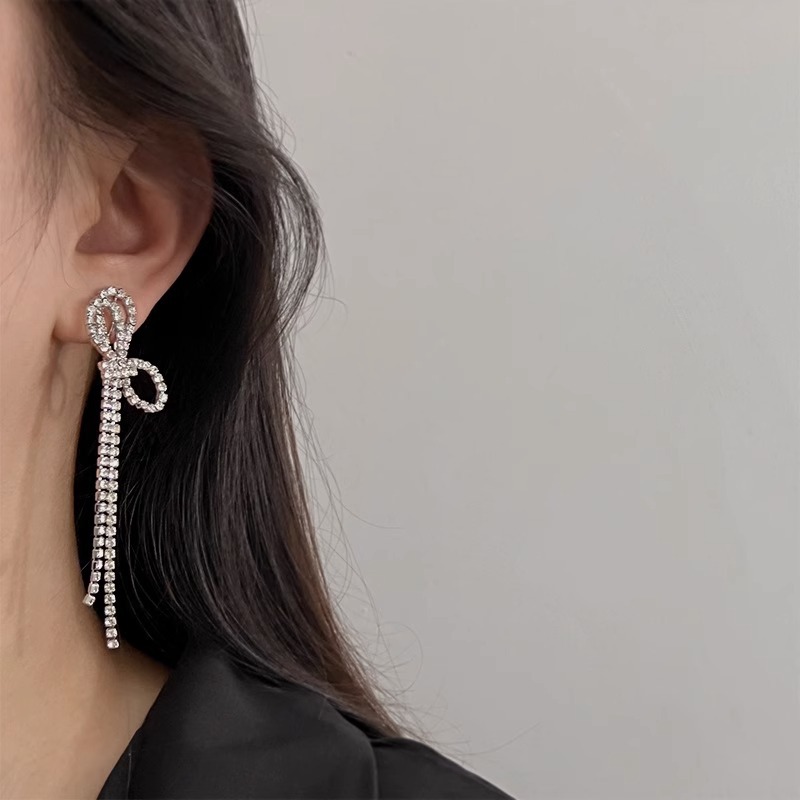Butterfly Rhinestone Drop Earrings Elegant Tassel Bow Jewellery_voghion.com