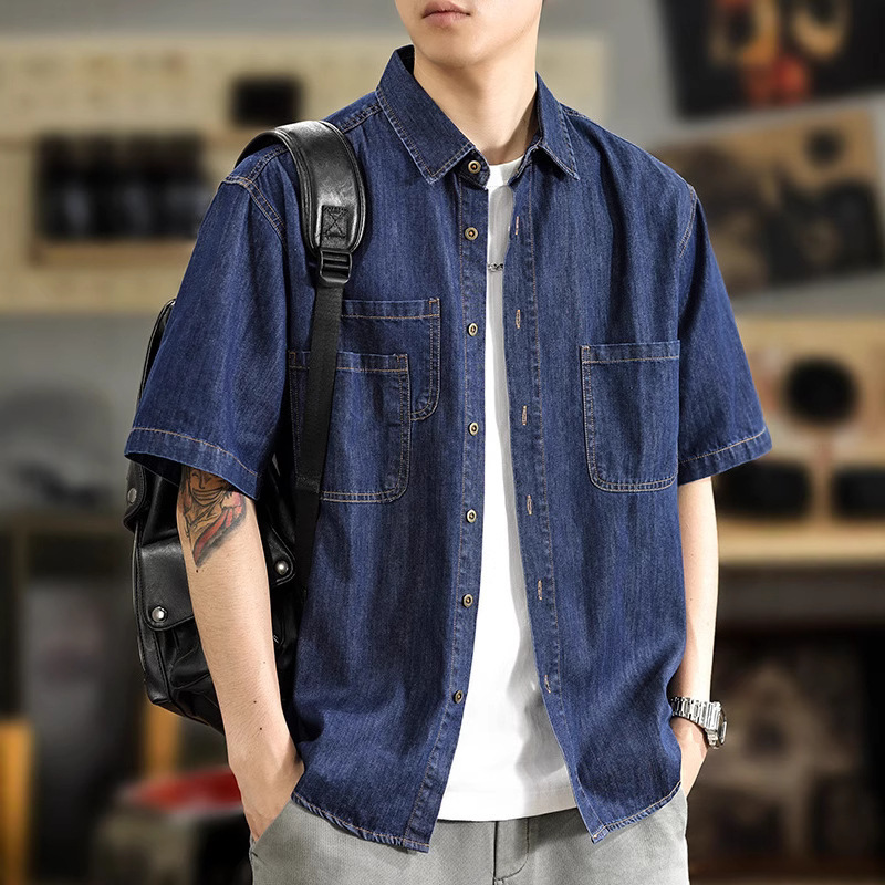 Designed Pocket Denim Shirt Men's Short-Sleeved 2026 Summer Trendyy Loose Large Size Top Thin Shirt Jacket
