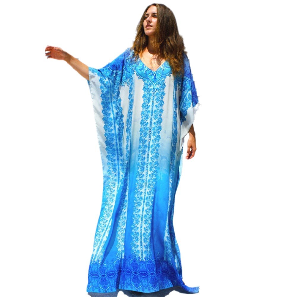 Camiseta de playa explosiva azul blanco impresión de posición túnica de vacaciones camiseta de protección solar bikini playa 1D62