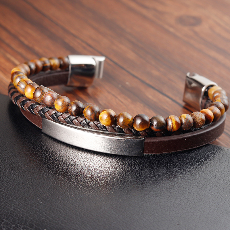 Men's double-layer stainless steel black button bracelet woven leather Tiger Eye handmade beaded bracelet L20292