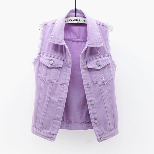 Multi-color denim vest women's short spring and summer slim fit raw edge sleeveless jacket ripped cardigan top