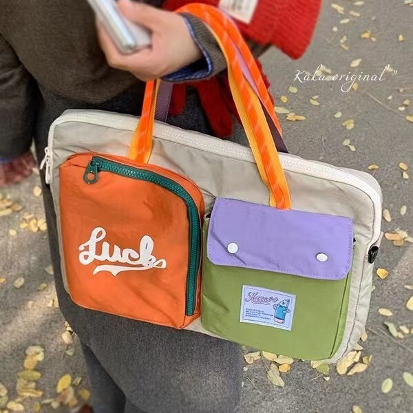 Japanese Dopamine Color-Blocking Crossbody Bag Large Capacity 15.6-Inch Dual-Use Laptop Bag Commuter Portable Shoulder Tablet Bag