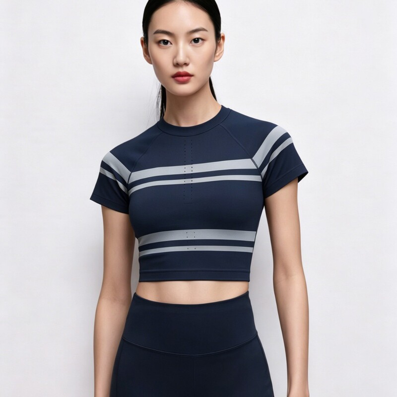 Directly from the Factory, Lulu-Style Cropped 2.0 Stripe Quick-Dry Seamless Ultra-Short Yoga Short-Sleeve T-Shirt for Women