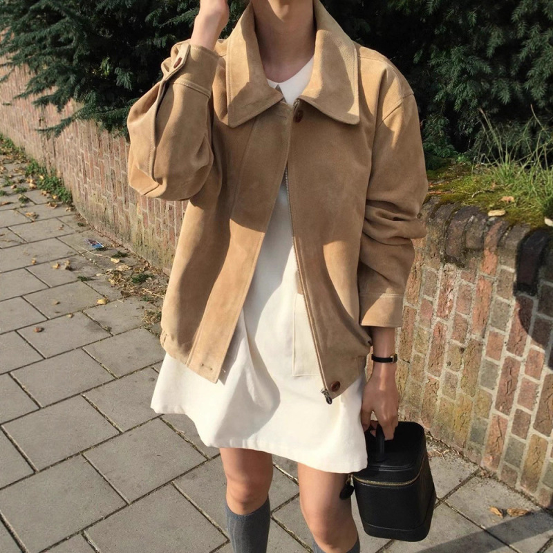 Spot Short Suede Retro Jacket Korean Style Ins High-End Casual Versatile Women's Jacket Overta*E
