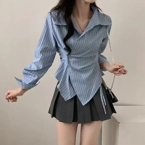 Korean style design niche irregular waist-hugging and fashionable striped shirt long-sleeved top