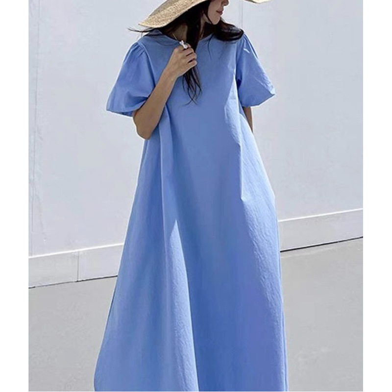 South Korea Chic Summer Retro Vacation Style Round Neck Loose Casual Long A- line Puff Sleeve Elegant dress Women