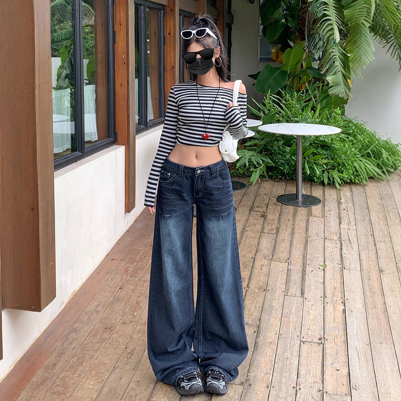Autumn Dark Blue Wide-Leg Jeans for Women, Low-Waist Wide-Leg Jeans for Women, Loose Slimming Trousers for Women