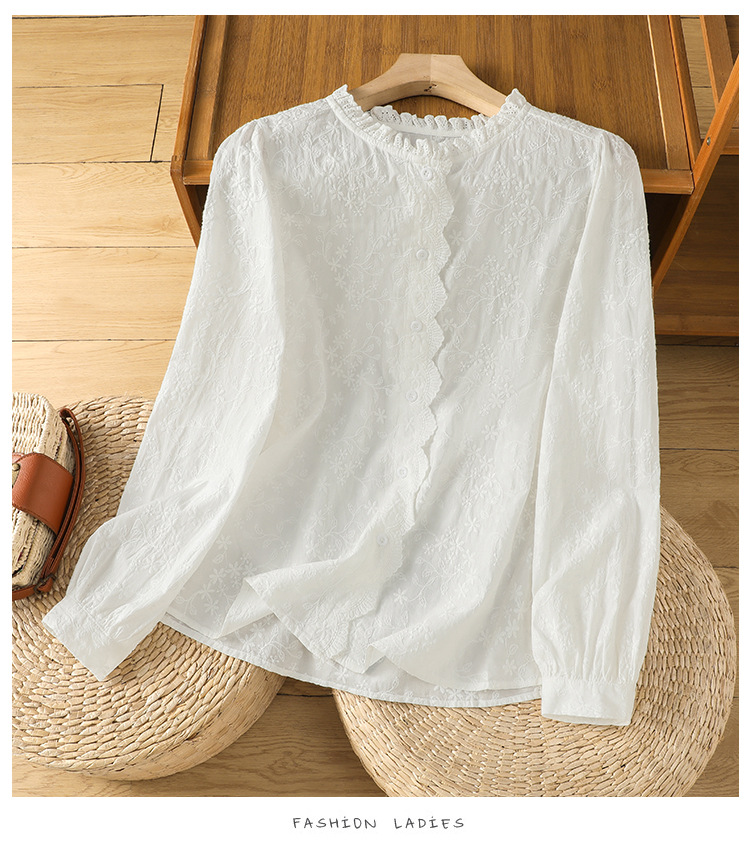 Camicia donna a maniche lunghe in cotone con pizzo e ricami_voghion.com