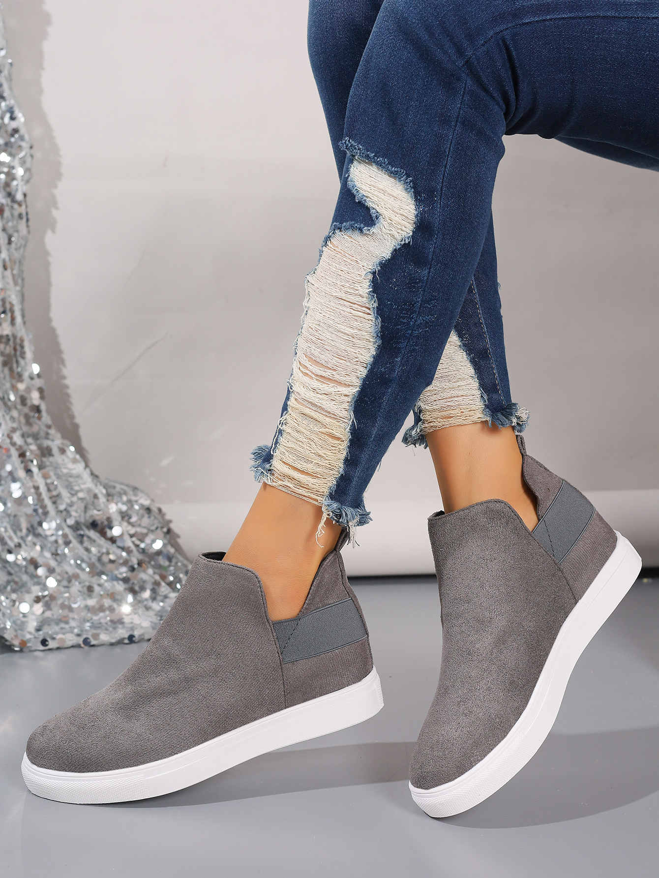 Large size women's shoes flat inside increase elastic casual sports shoes flat single shoes_voghion.com