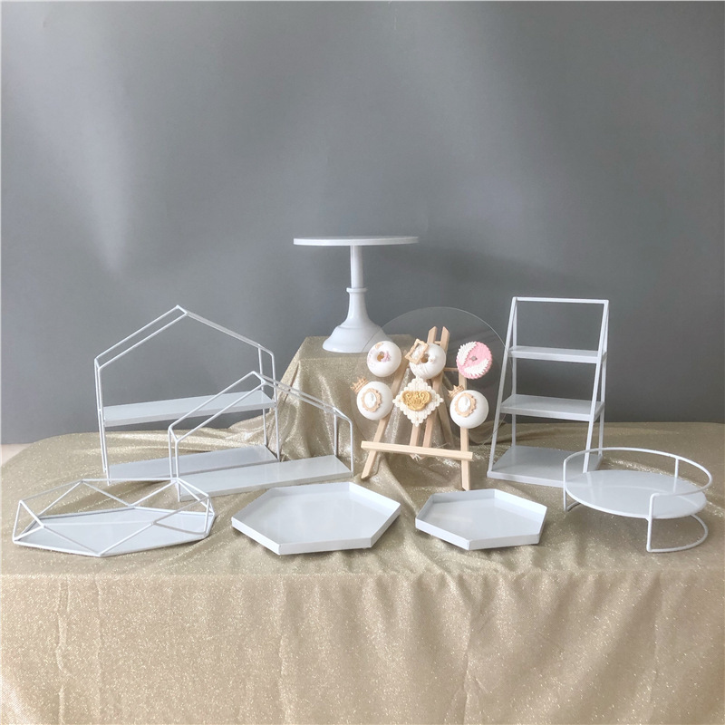 Decoración de hierro forjado blanco estante de exhibición bandeja de pastel estilo europeo estante de té de la tarde estante de refrigeración de comida fría estante de almacenamiento
