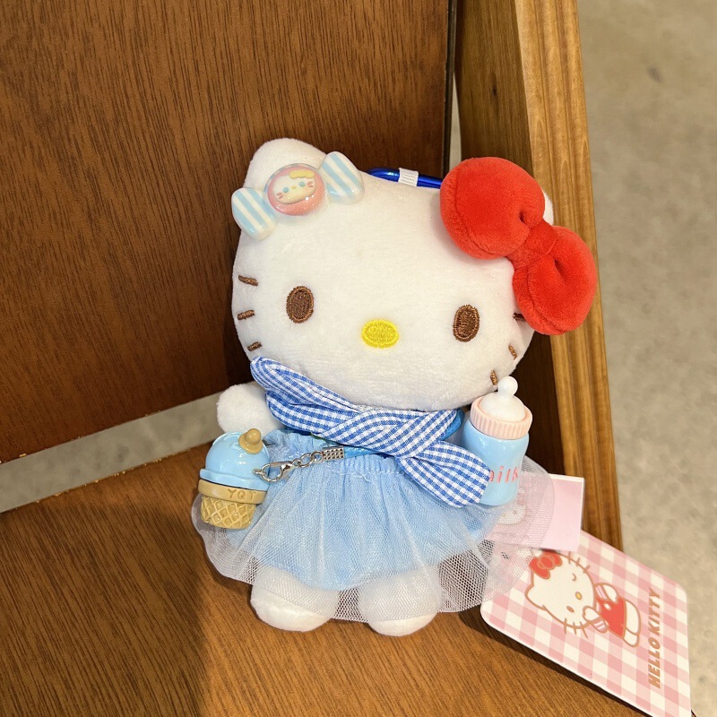 新款网红正版HelloKitty钥匙扣黄粉色包头帽条纹围裙猫猫包包挂件|undefined