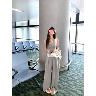 Casual Sports Suit for Women Summer Gray Stripesd V Neck Halter Top Sexy Wide Leg Pants Fashion Two-Piece Set