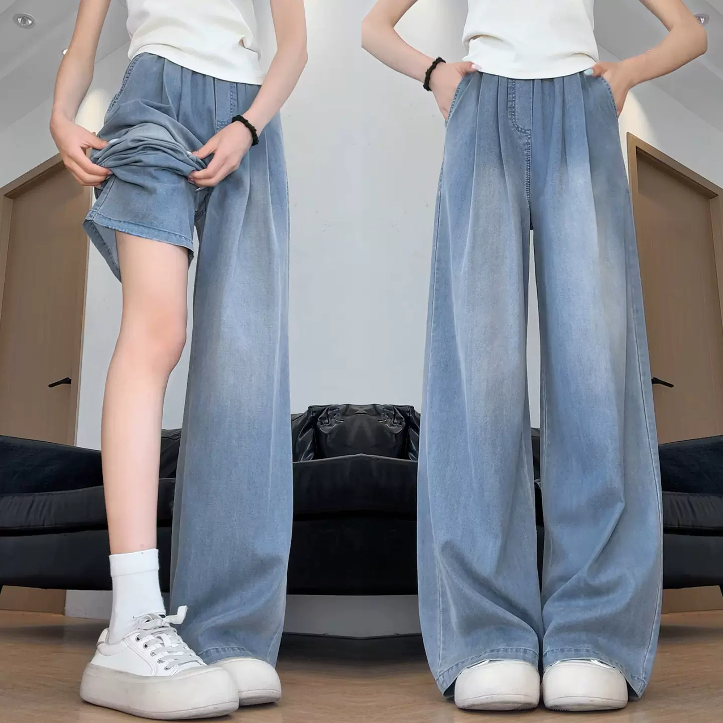 复古天丝牛仔裤女2026新款夏季山本裤高腰直筒宽松薄款阔腿牛仔裤