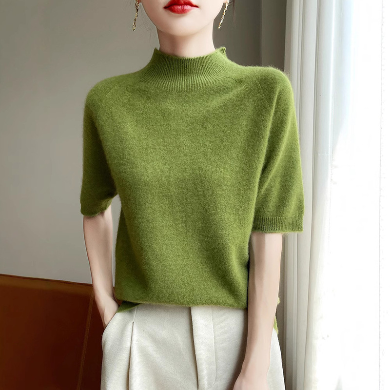 First-Line Garments Seamless Autumn and Winter Half-High Collar Mid-Sleeve Knitted Shirt Women's Loose Short-Sleeved T-Shirt Knitted Shirt Base Top First-Line Garments Seamless Autumn and Winter Half-High Collar Mid-Sleeve Knitted Shirt Women's Loose Short-Sleeved T-Shirt Knitted Shirt Base Top