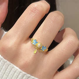 小红书爆款点翠蓝珍珠流苏戒指女中古珐琅精致银杏叶指环一件代发