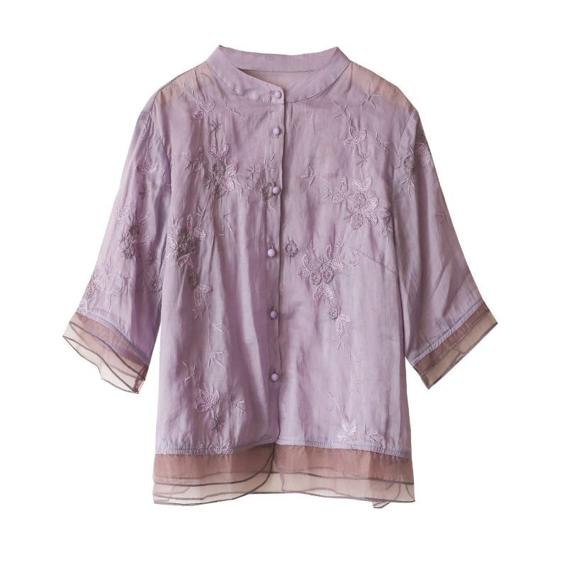 重工業刺繍綿とリネントップス七分袖エスニックスタイルスプライシングシャツ2025夏文学レトロ婦人服クラシック|undefined