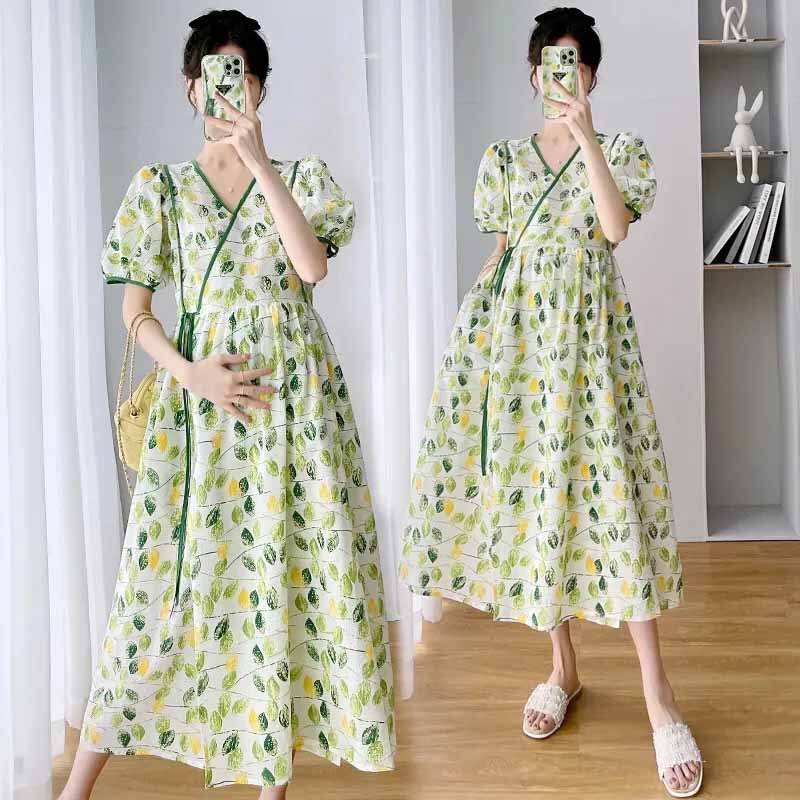[Customized] Korean-Style V-Neck Maternity Dress, Fresh and Light Summer Mid-Length Dress with Tie Straps, Suitable for Wearing Outside, Slimming and Suitable for Commuting