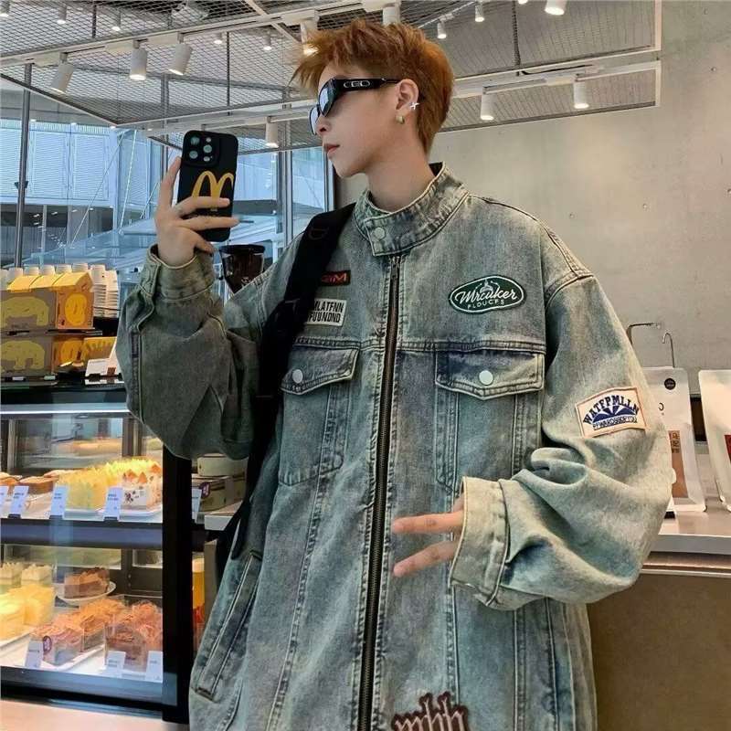 American-Style Washed Vintage Denim Jacket for Men, Spring and Autumn Trendy Brand, Loose Casual Embroidered Patch Stand Collar Biker Jacket