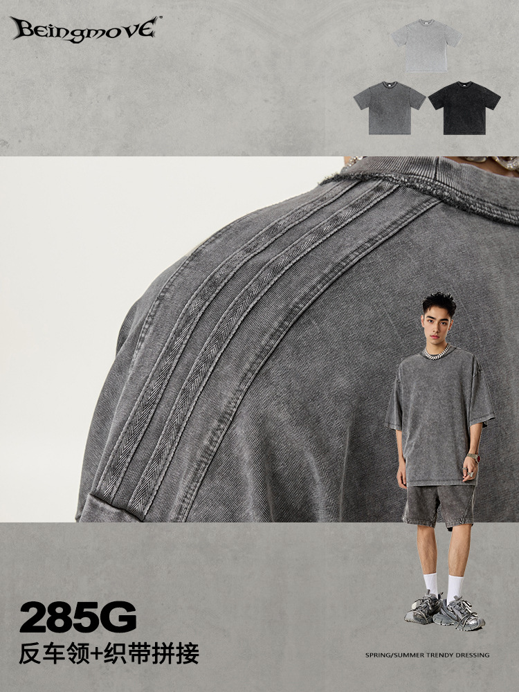 2025 verano marca de moda europea y americana correa de algodón al hombro para hacer viejas camisetas al por mayor retro sueltas de manga corta camisetas para hombres