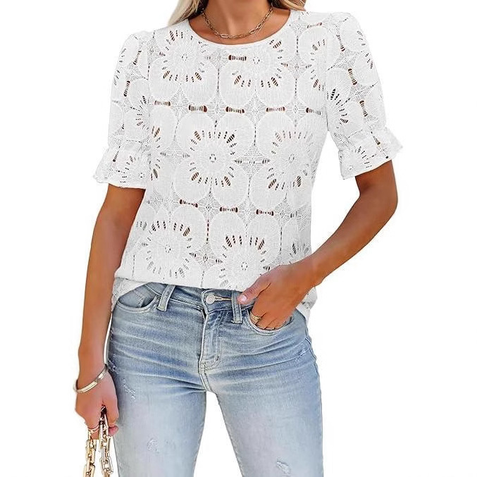 2025 Amazon Summer European and American New Women's Tops Short-Sleeved Shirts Hollow Small Eye Crochet Lace Embroidery