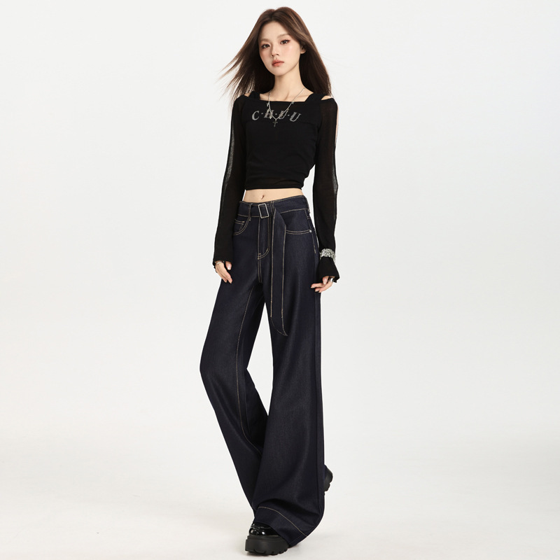 vfvk深蓝色微喇牛仔裤女2025新款小个子不贴腿宽松弹力喇叭裤裤子|undefined