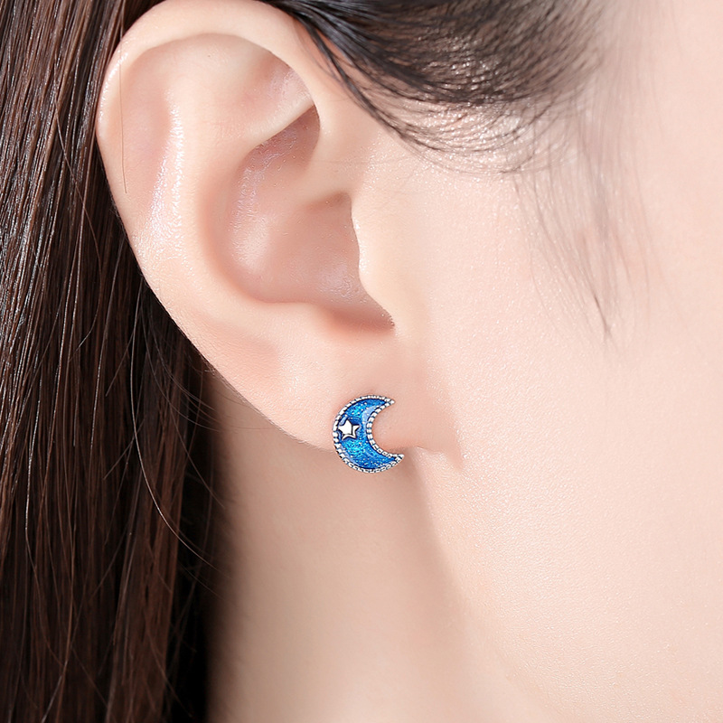 Plata esterlina S925 pendientes estrella luna pendientes hembra azul planeta luna pendientes estrella de cinco puntas nicho estilo coreano aguja de plata