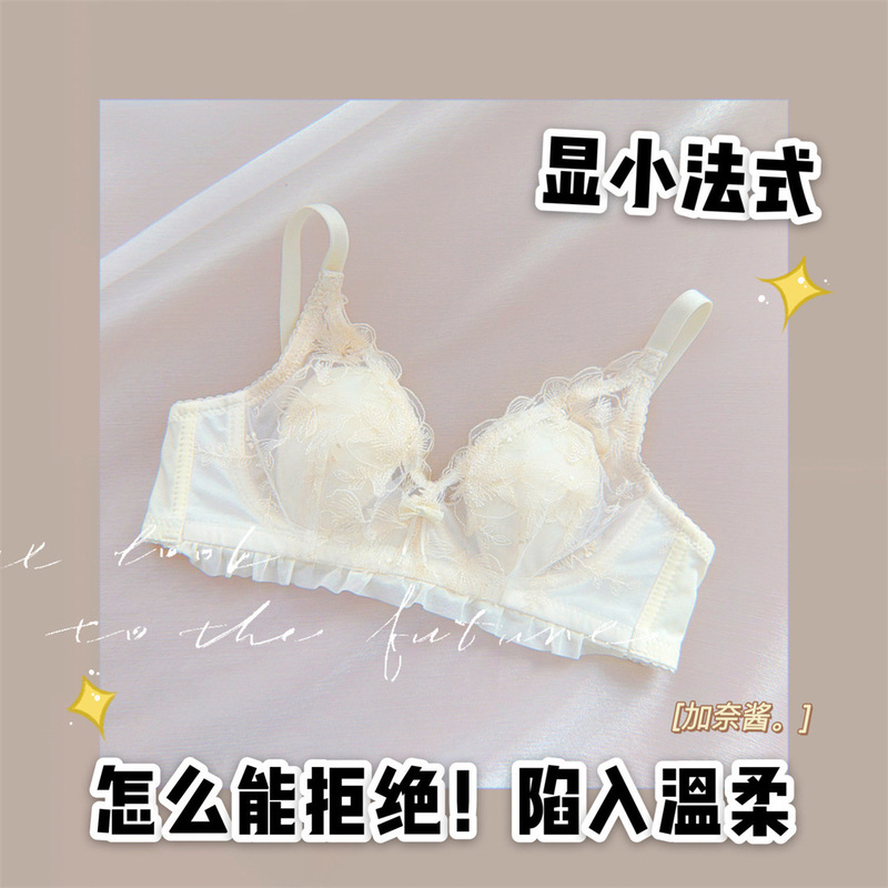 French Triangle Cup Rabbit Ear Thin No Steel Ring Underwear Women's Big Chest Small Slim Look Lace Sexy Bra suit