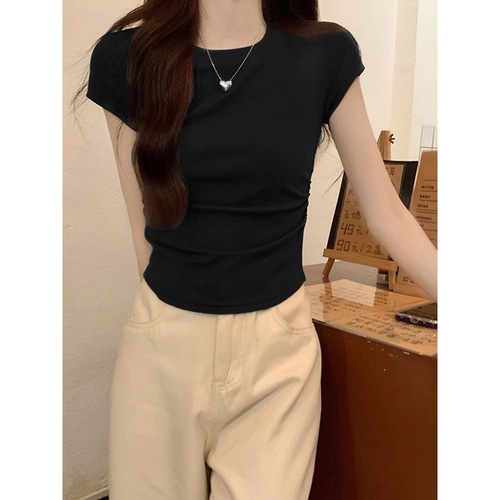 Eurasian solid color regular shoulder short-sleeve summer slimming design sense niche short-length waisted versatile belt-shrinking gray top