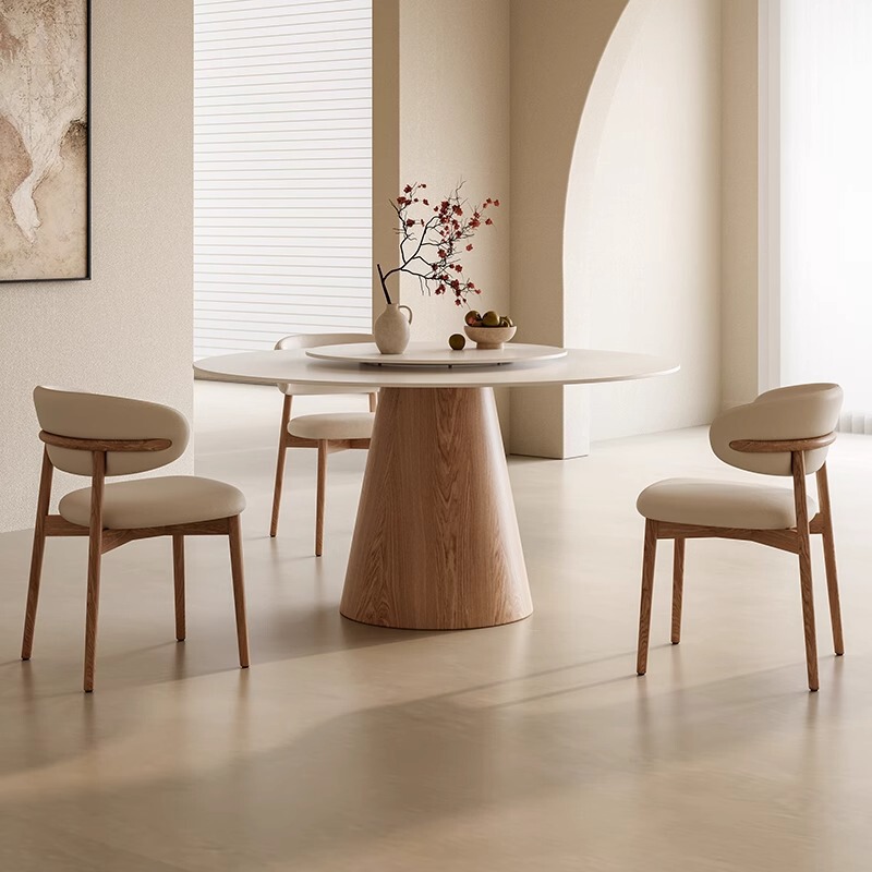 Cream Style Solid Wood Slate Round Dining Table Pure White with Turntable Modern Simple Home Dining Table Solid Wood Color Table Cream Style Solid Wood Slate Round Dining Table Pure White with Turntable Modern Simple Home Dining Table Solid Wood Color Table