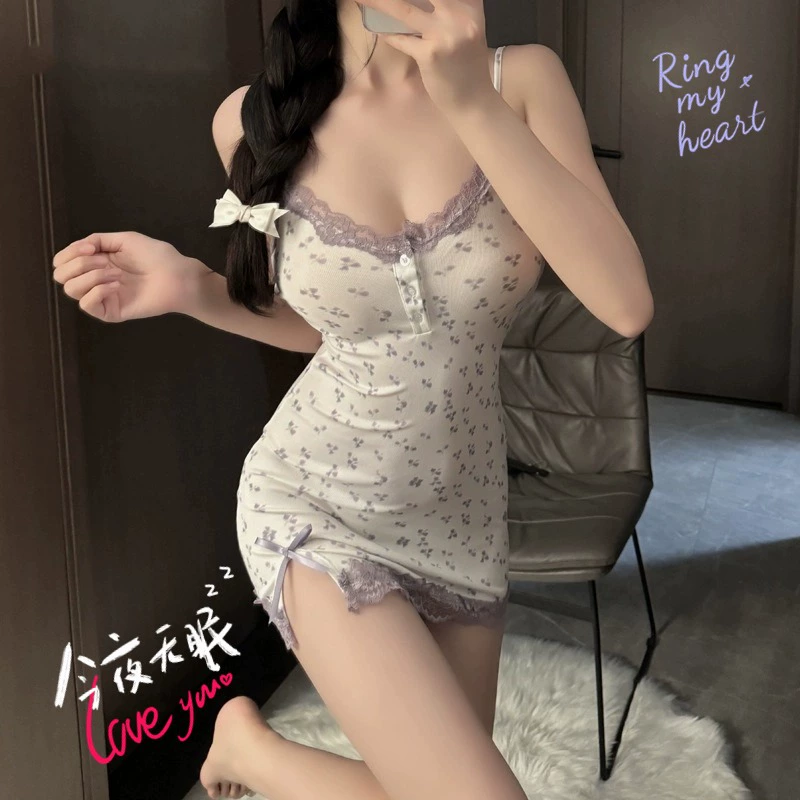 2025 сексуальное ночное платье с глубоким вырезом и кружевом для женщин, фиолетовое, с маленьким цветочным принтом, подвязки, красивая спинка, пижама