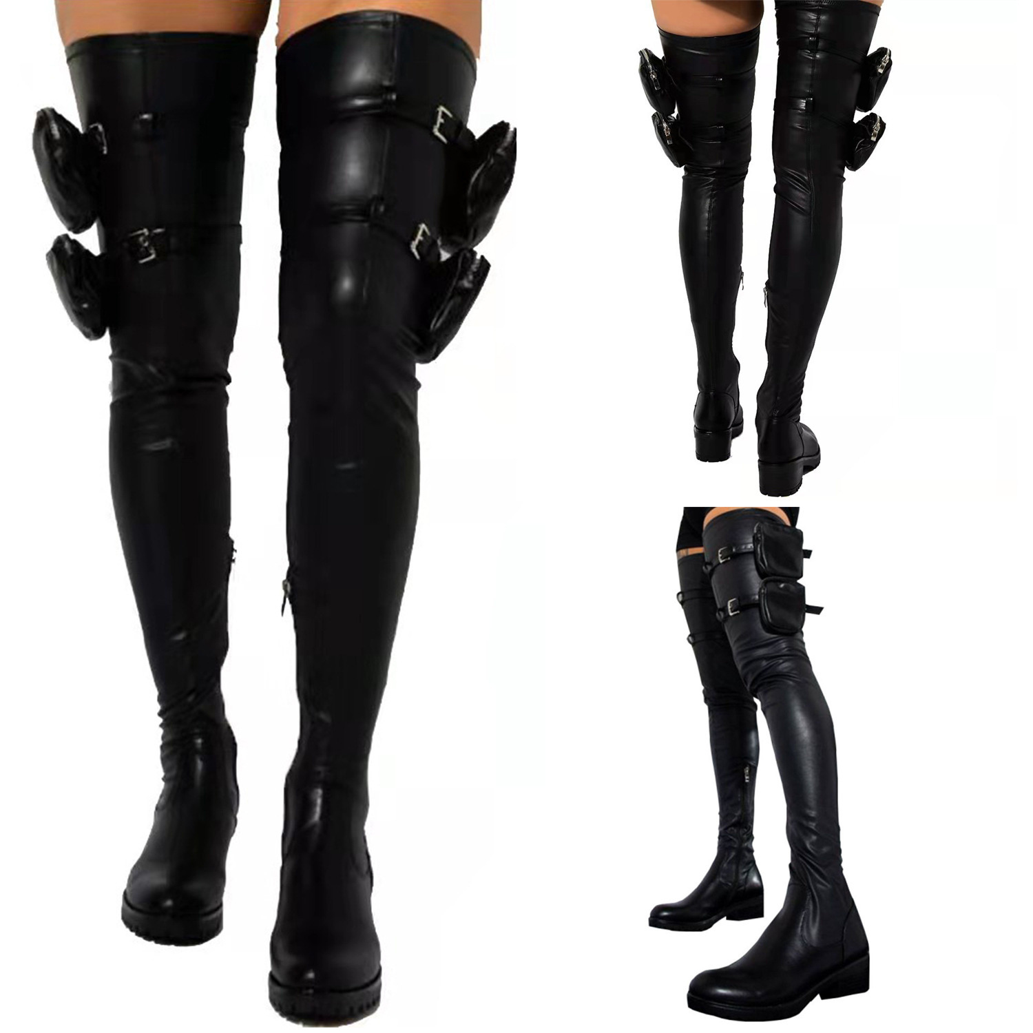 Damenschuhe Winter neue Damen Overknee-Stiefel mit runder Spitze, niedrigem quadratischem Absatz, kleine Tasche, Dekoration, große Größe, modische Stiefel_voghion.com